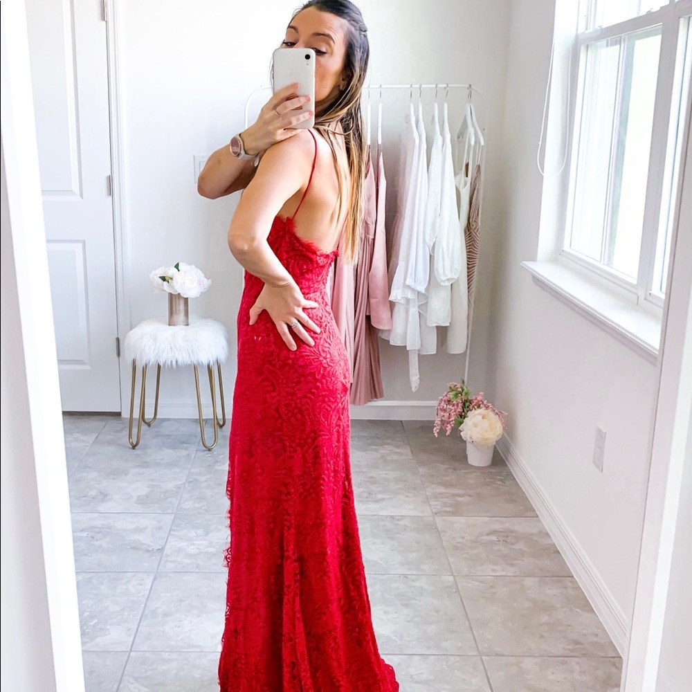 Red Lace Side Slit Sexy Cami Maxi Evening Dress - Picture 6 of 7